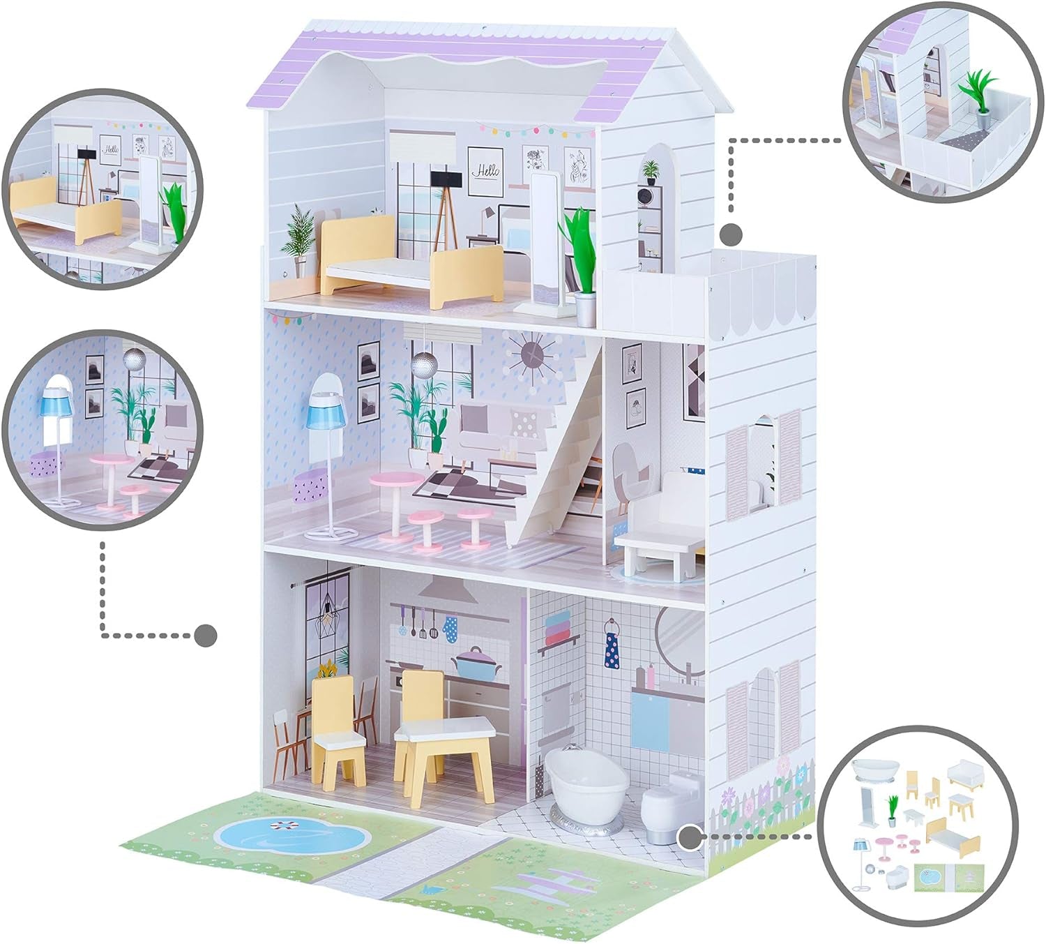 Obří domeček pro panenky Teamson Kids Olivia's Little World se 16 doplňky pro panenky, dřevěný domeček pro panenky s nábytkem, 3patrový, 30 cm domeček pro panenky pro děti, věk 3+