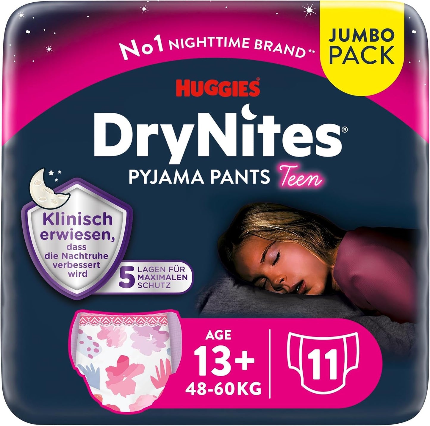 Noční noční pomočování Huggies DryNites pro dívky 13-přibližně 17 let (48-60kg) Počet 33 (3 x 11) Jumbo měsíční balení XL plenkové kalhotky