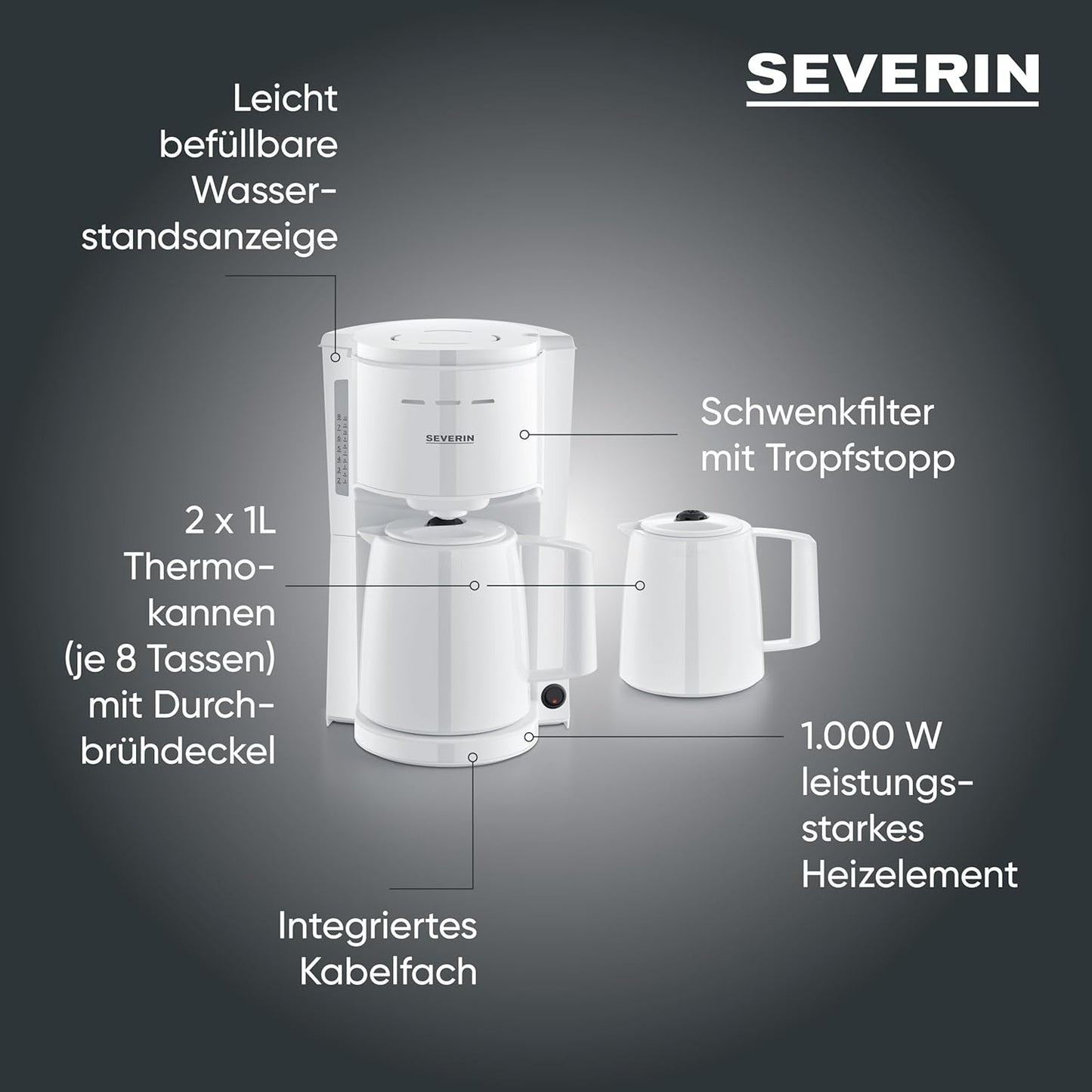 Espresso kávovar Severin s filtrem a 2 termo karafami, espressovač s víkem, nalévání bez kapání, dlouhé udržování teploty, automatické vypínání, 1000 W, cca. 1 litr, bílá, KA 9309