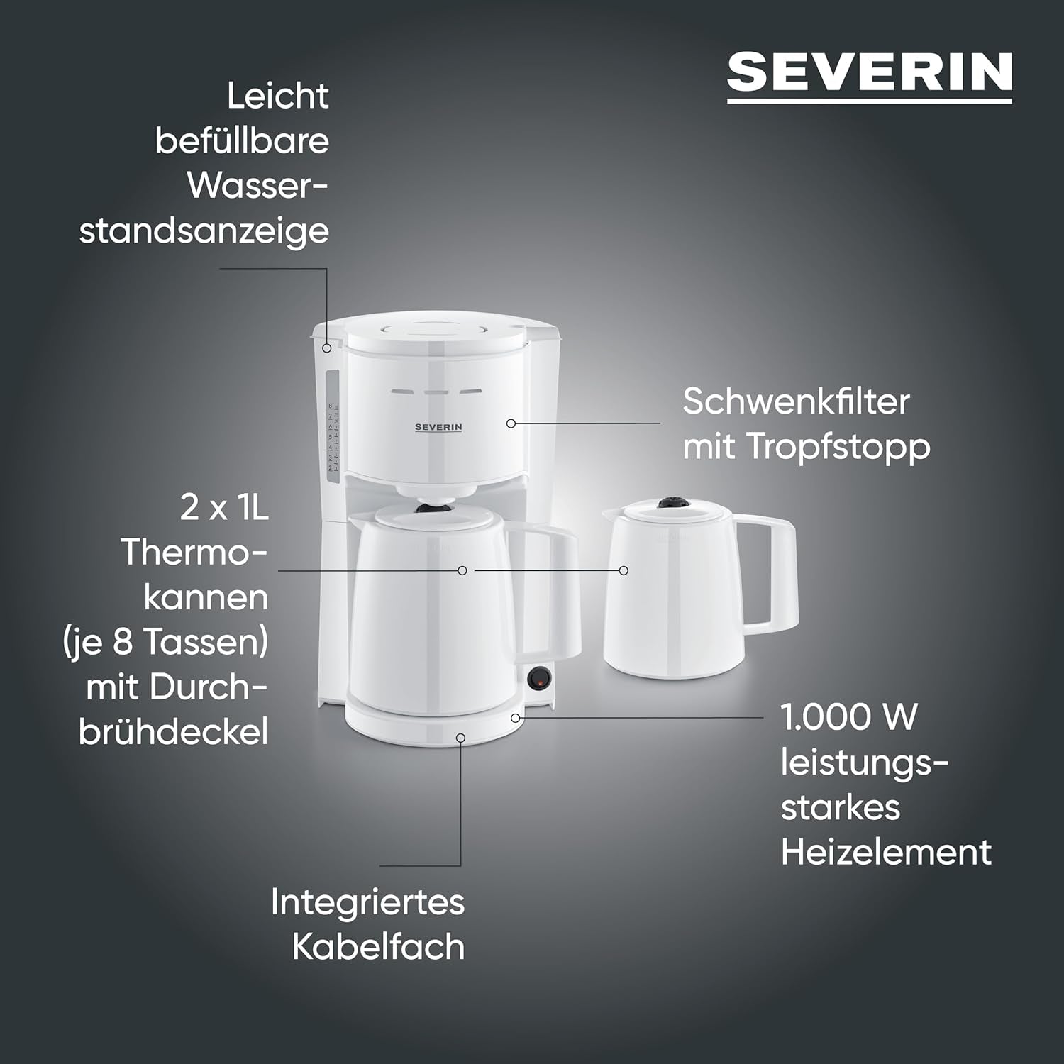 Espresso kávovar Severin s filtrem a 2 termo karafami, espressovač s víkem, nalévání bez kapání, dlouhé udržování teploty, automatické vypínání, 1000 W, cca. 1 litr, bílá, KA 9309