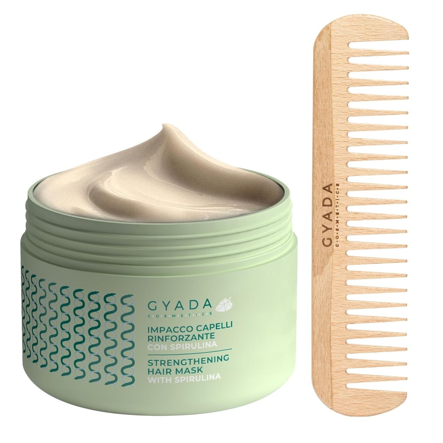 GYADA COSMETICS Balíček pro posílení vlasů Spirulina Vyživující proti vypadávání vlasů Duální tipy Funguje 250 ml + hřeben z bukového dřeva Ideální pro rozčesávání všech typů vlasů Naty Shop Hair Mask Výchozí název
