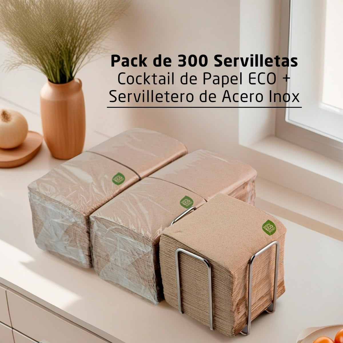 300 balení koktejlových papírových ubrousků, 100% recyklovatelné a biologicky odbouratelné, držák na ubrousky z nerezové oceli, ekologické ubrousky, 10 x 10 cm, složené.