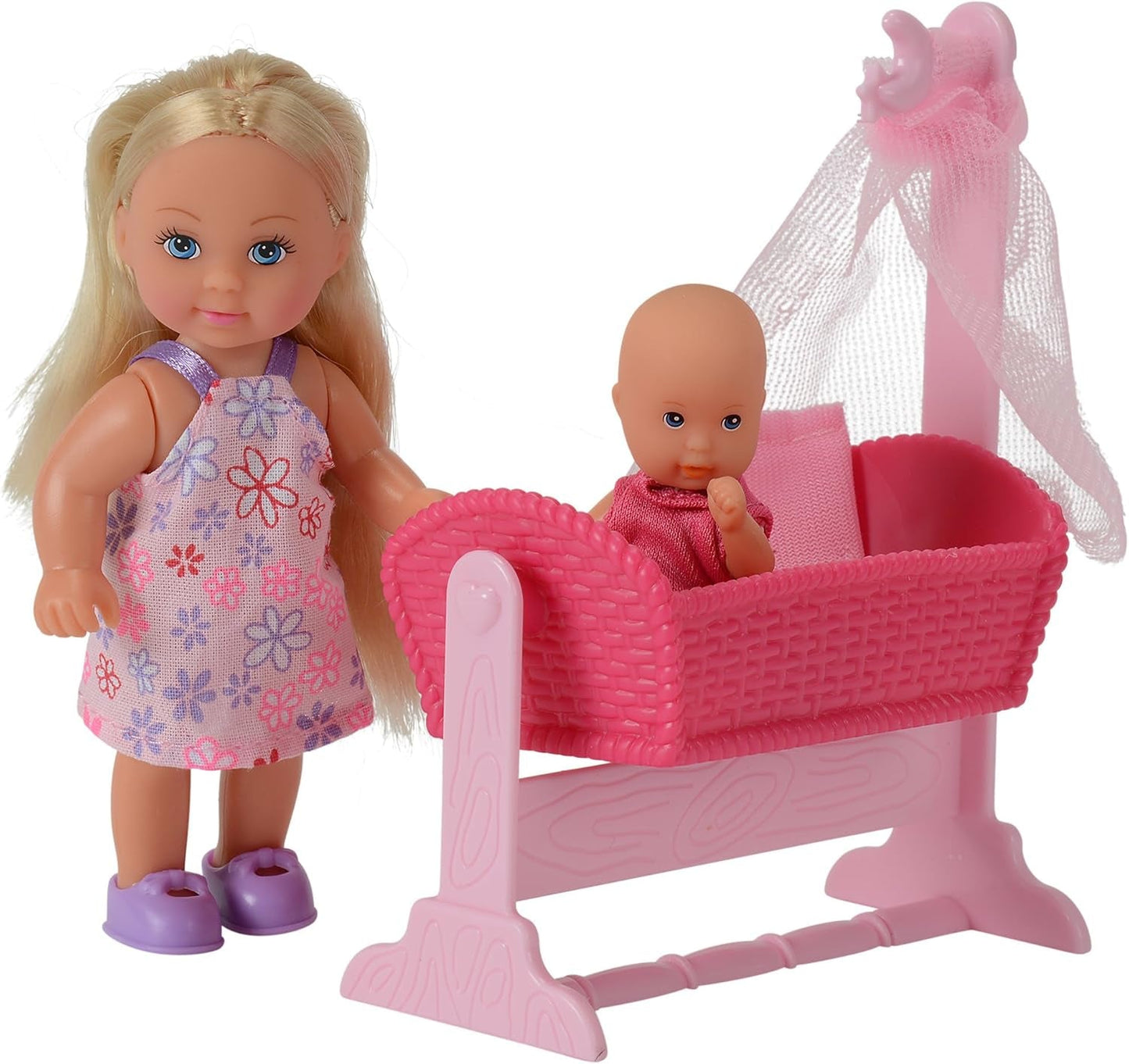 Simba 105736242 - Evi Love Doll Cradle 2 Různé Evi jako chůva s kolébkou a dětskou módní panenkou 12 cm pro 3 roky a více