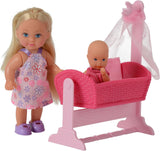 Simba 105736242 - Evi Love Doll Cradle 2 Různé Evi jako chůva s kolébkou a dětskou módní panenkou 12 cm pro 3 roky a více