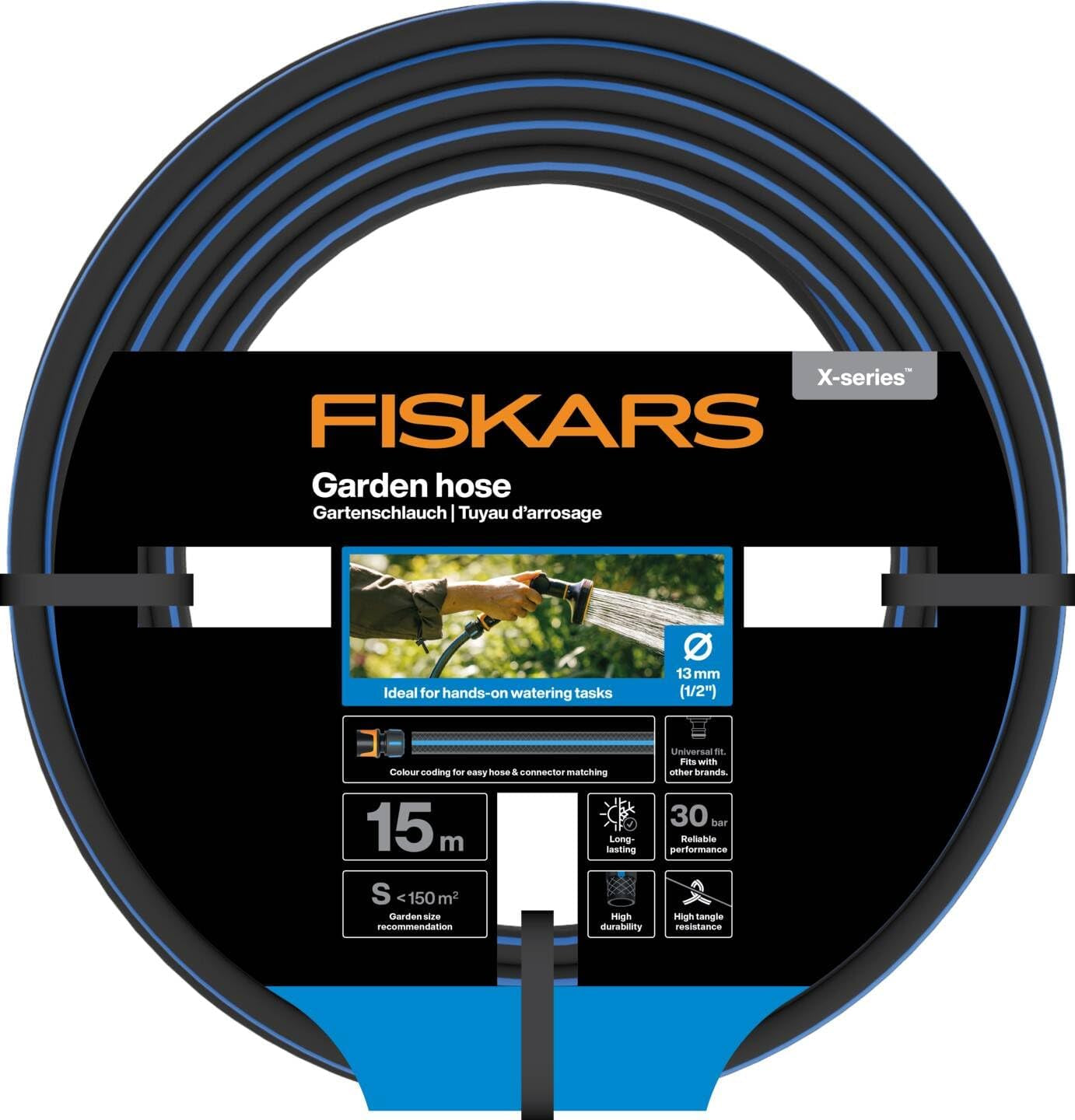 Fiskars S zahradní hadice, řada X, vodní hadice pro ruční zavlažování, 13 mm (1/2"), délka: 15 m, univerzální připojení, UV ochrana, ochrana proti mrazu, odolná proti kroucení, modrá, 1076044