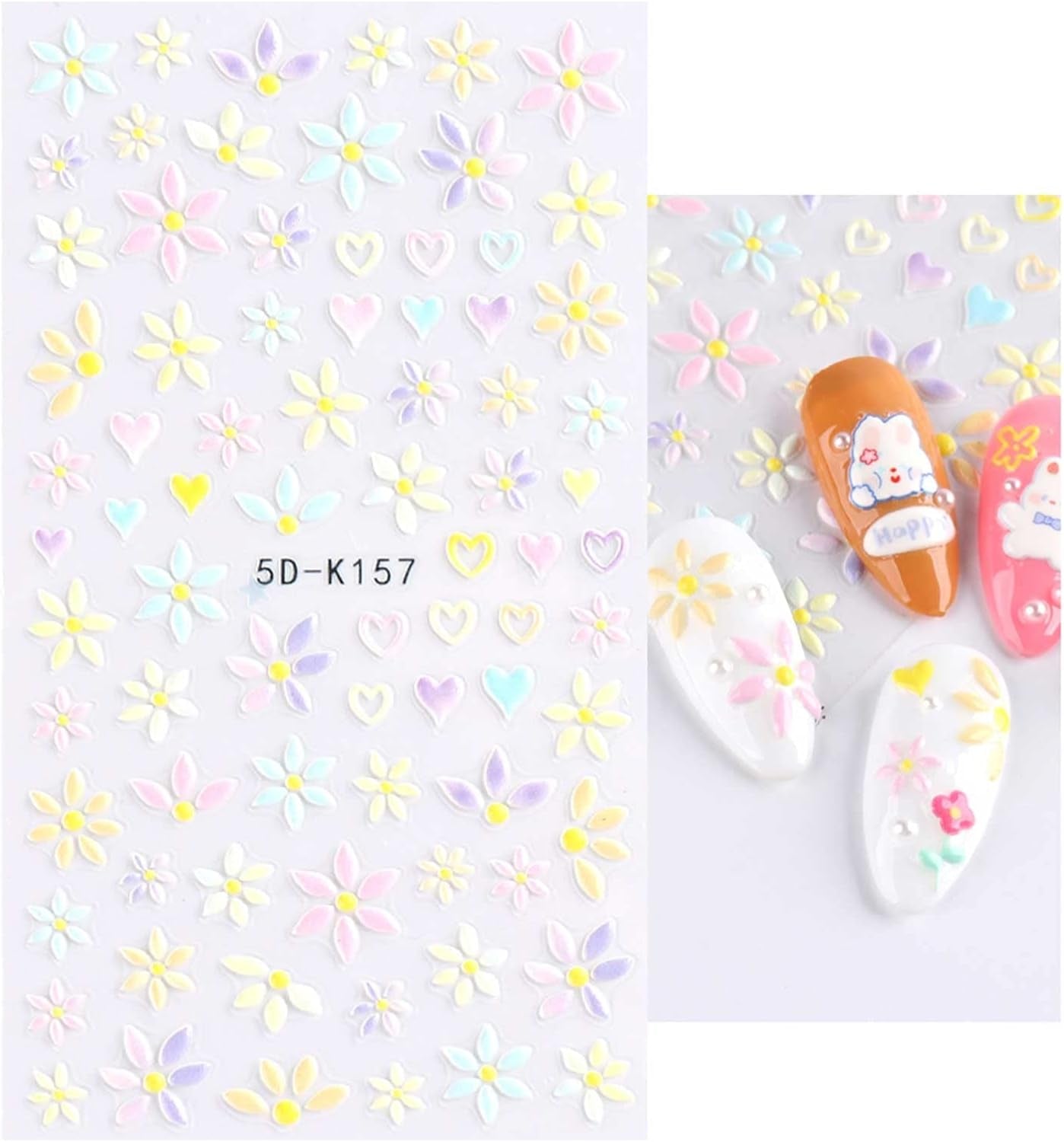 JMEOWIO 3D Nálepka na nehty Frühling Blumen 5 Blatt Nagelaufkleber 5D Stereoskopické Selbtklebend Bunte Blüte Nálepka na nehty Dekoration Nageldesign Zubehör