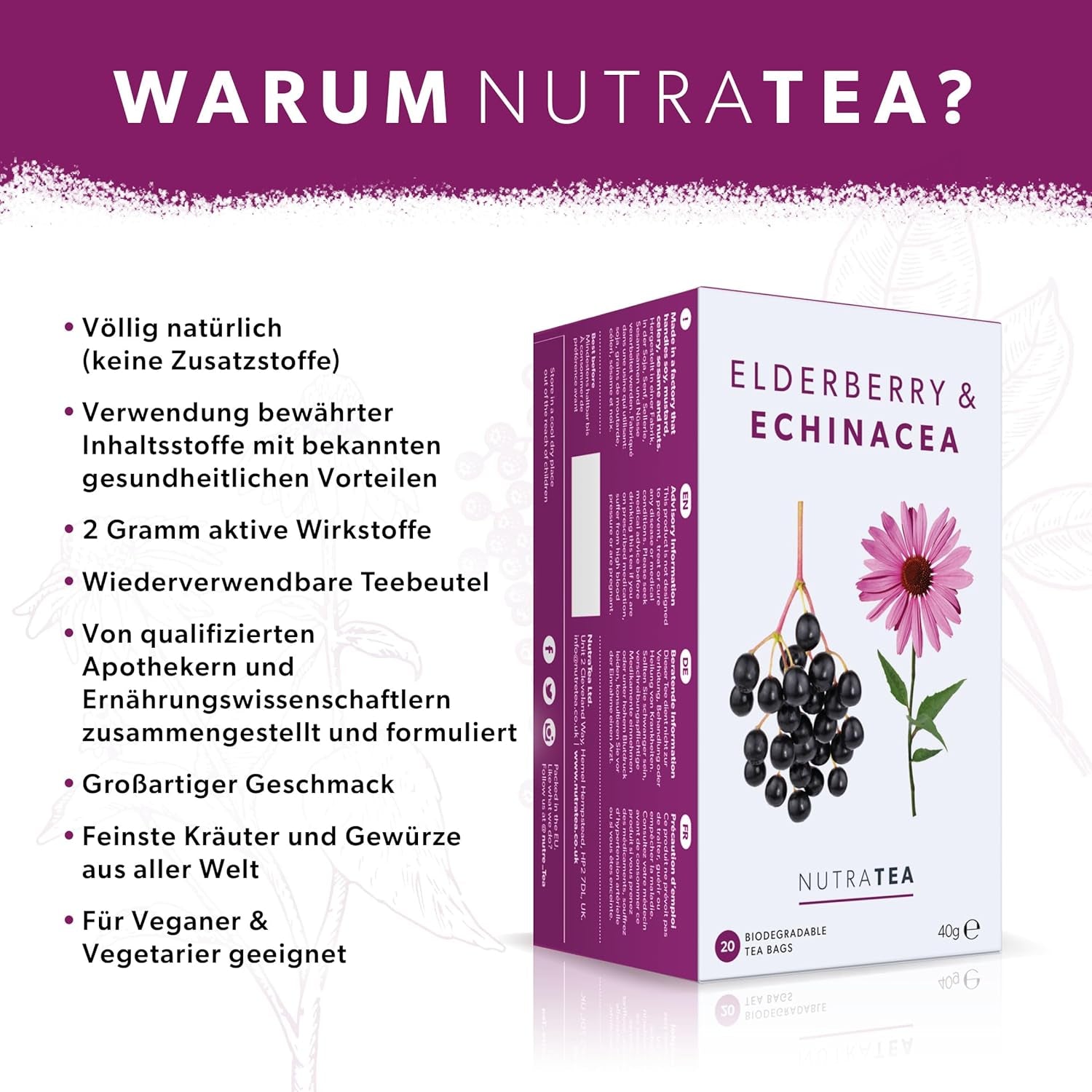 Nutra Tea Bezinka a Echinacea, Čaj Imunita a nachlazení, Čaj na podporu imunity, Boj proti nachlazení, 20 opakovaně použitelných čajových sáčků, Přírodní bylinný čaj