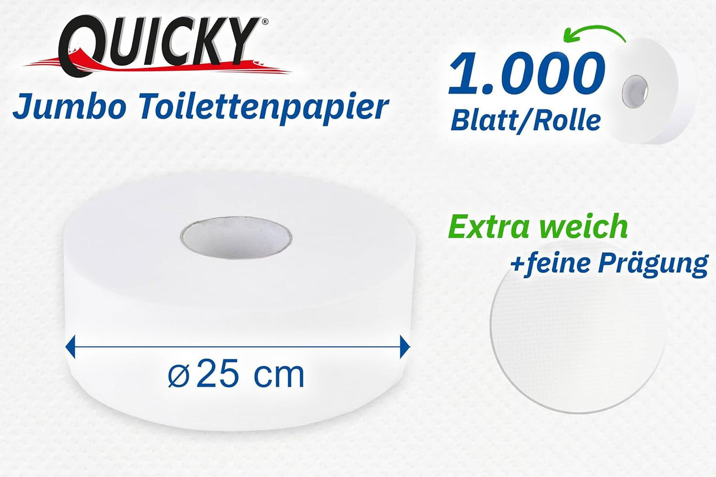 Quicky Jumbo 2vrstvý toaletní papír, Ø 25 cm, zářivě bílý, reliéfní s jemnými tečkami, 6 rolí - savý a odolný proti roztržení pro maximální hygienu, ideální pro veřejné instituce a průmysl