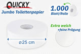Quicky Jumbo 2vrstvý toaletní papír, Ø 25 cm, zářivě bílý, reliéfní s jemnými tečkami, 6 rolí - savý a odolný proti roztržení pro maximální hygienu, ideální pro veřejné instituce a průmysl