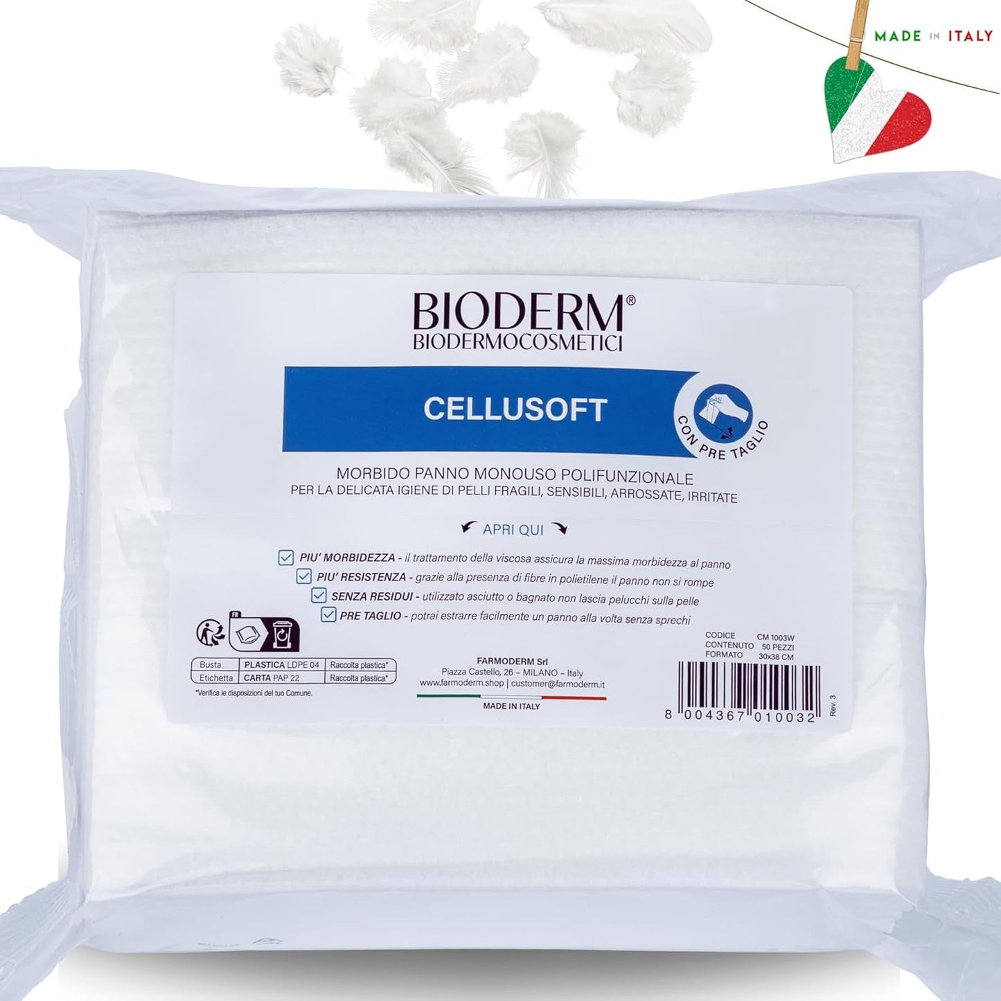 BIODERM Cellusoft - jemné, multifunkční, jednorázové viskózové a polyesterové vlhčené ubrousky - multifunkční ubrousky pro jemnou hygienu citlivé a zarudlé pokožky seniorů a dětí - 30 x 38 cm (50