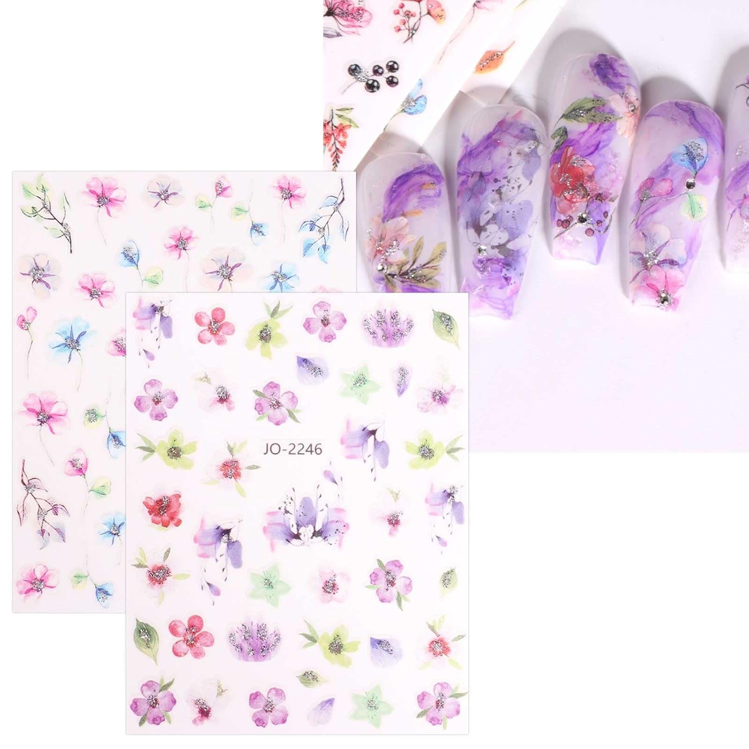 JMEOWIO Nálepka na nehty Frühling Blume 12 Blatt Nálepka na nehty Selbtklebend Nagelaufkleber Blätter Dekoration Nageldesign Zubehör
