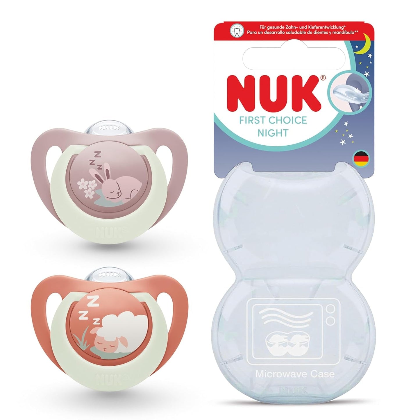 Noční dudlík NUK First Choice pro miminka | 6-18 měsíců | Ortodontické dudlíky, které svítí ve tmě | Uklidňuje 99 % miminek** | Králík/ovce | Balení 0-2