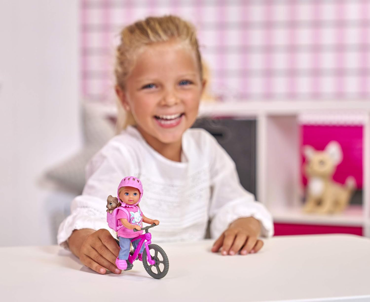Simba 105733273 - Evi Love Fun Holiday Bike panenka s kolem, psem a batohem, módní panenka, 12 cm, pro děti od 3 let