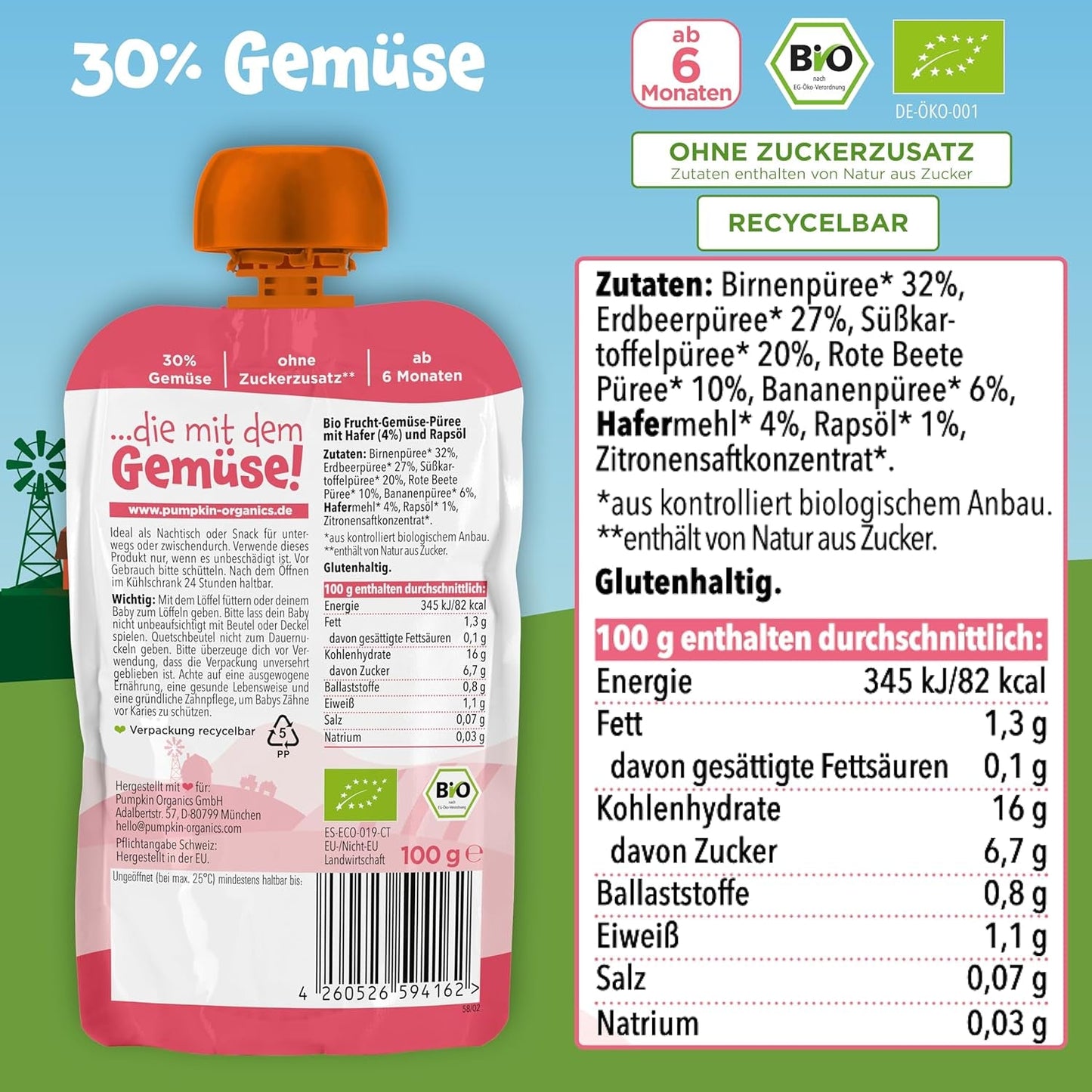 Pumpkin Organics sáčky biozeleniny a cereálií, balení 8 ks: Hruška, Jahody, Batáty, Červená řepa, Banán, Oves - Bez přidaného cukru¹ - Od 6 měsíců - jako svačina nebo doplňková strava v balení (8 x 100 g)