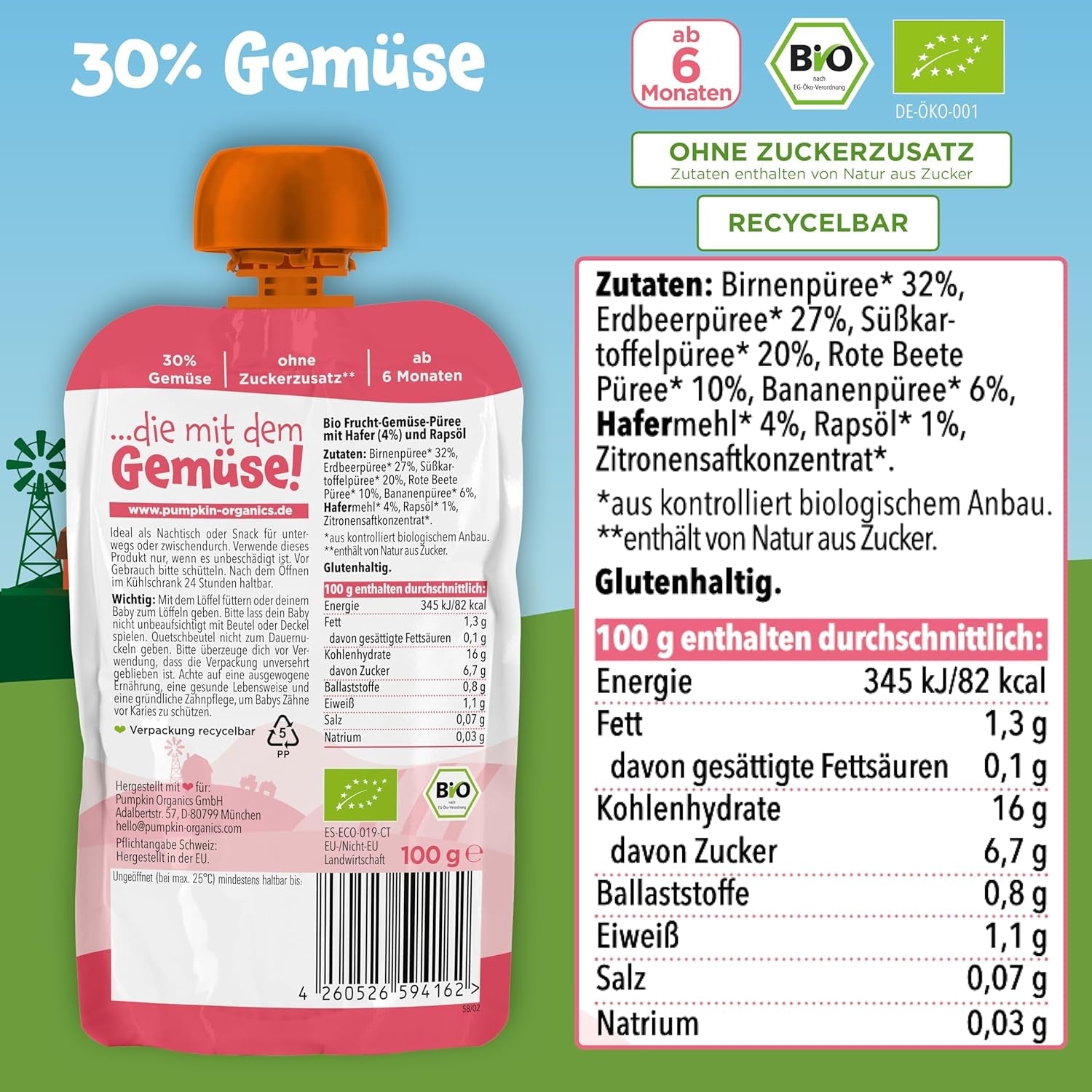 Pumpkin Organics sáčky biozeleniny a cereálií, balení 8 ks: Hruška, Jahody, Batáty, Červená řepa, Banán, Oves - Bez přidaného cukru¹ - Od 6 měsíců - jako svačina nebo doplňková strava v balení (8 x 100 g)
