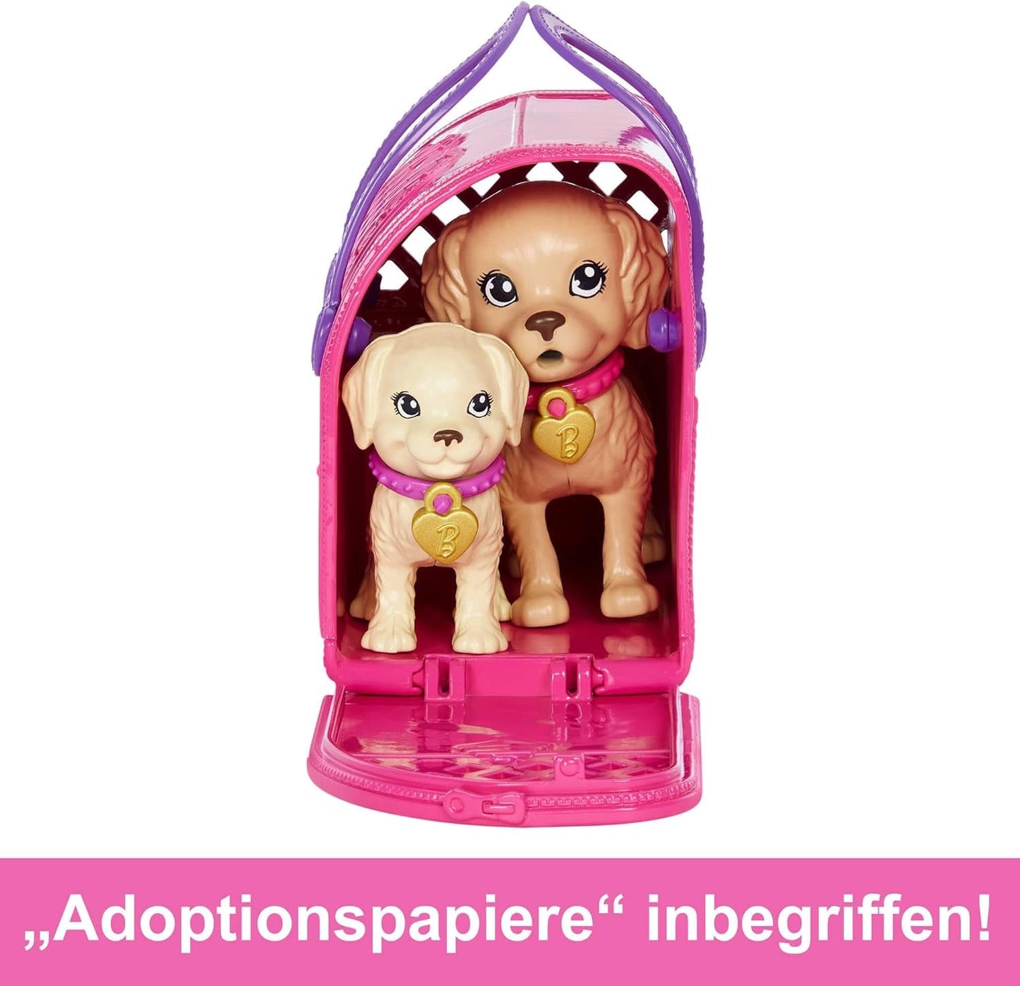 Adopční štěně Barbie - panenka a 2 štěňata, s adopčními certifikáty, efektem změny barvy, klecí a doplňky, pro děti od 3 let, 86 HKD