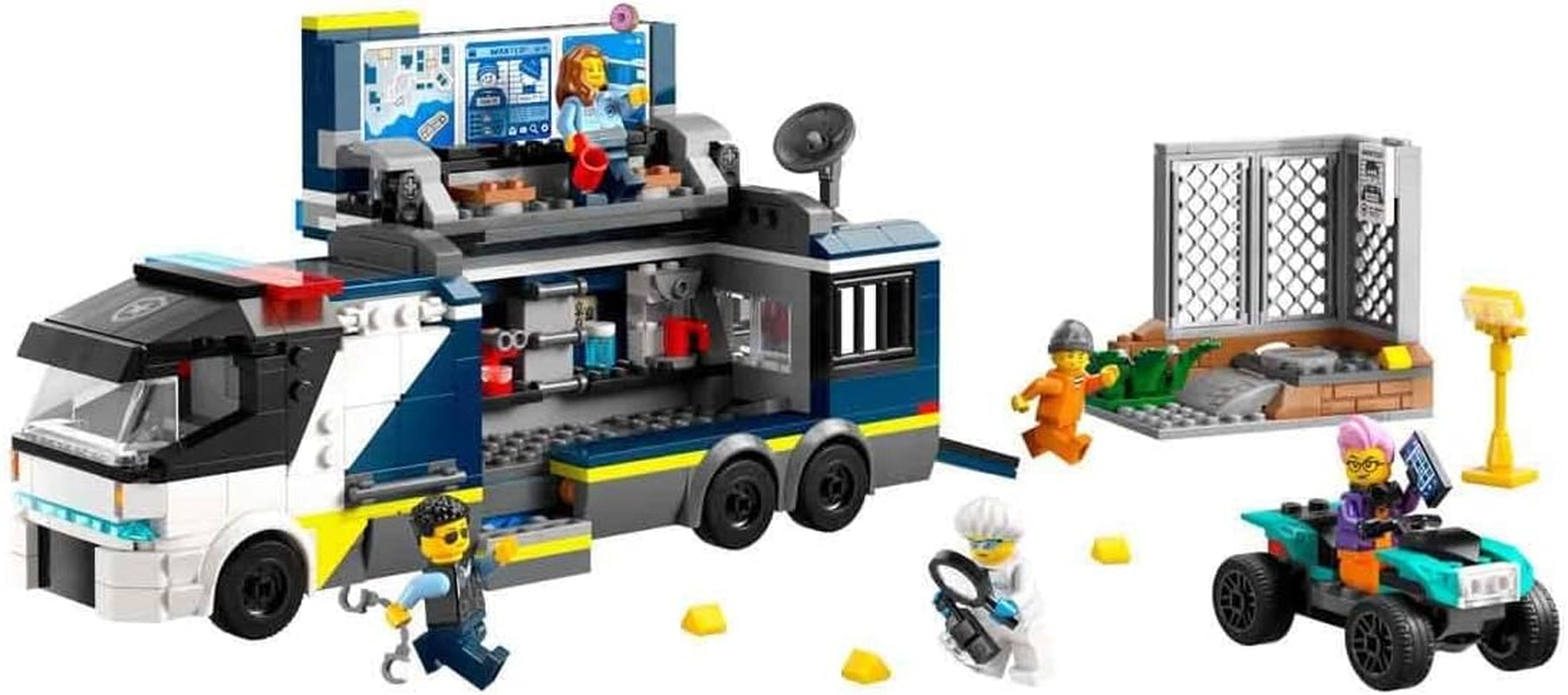 Policejní náklaďák LEGO City s laboratoří, policejní čtyřkolkou a náklaďákem pro děti, dárek pro chlapce a dívky od 7 let, navíc 5 minifigurek – 2 policisté, 1 vědec a 2 podvodníci 60418 Stavebnice Beuche den LEGO-Store