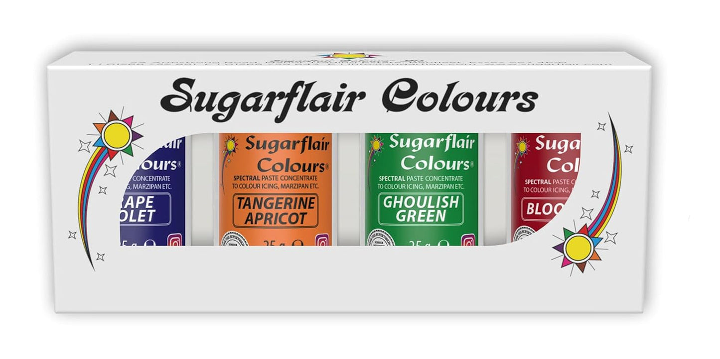 Sugarflair Pasta Food Coloring Set/4 potravinářské barvy na těstoviny, fondán, marcipán, cukrovou pastu, máslový krém a další: Macabre Green, Grape Purple, Blood Red