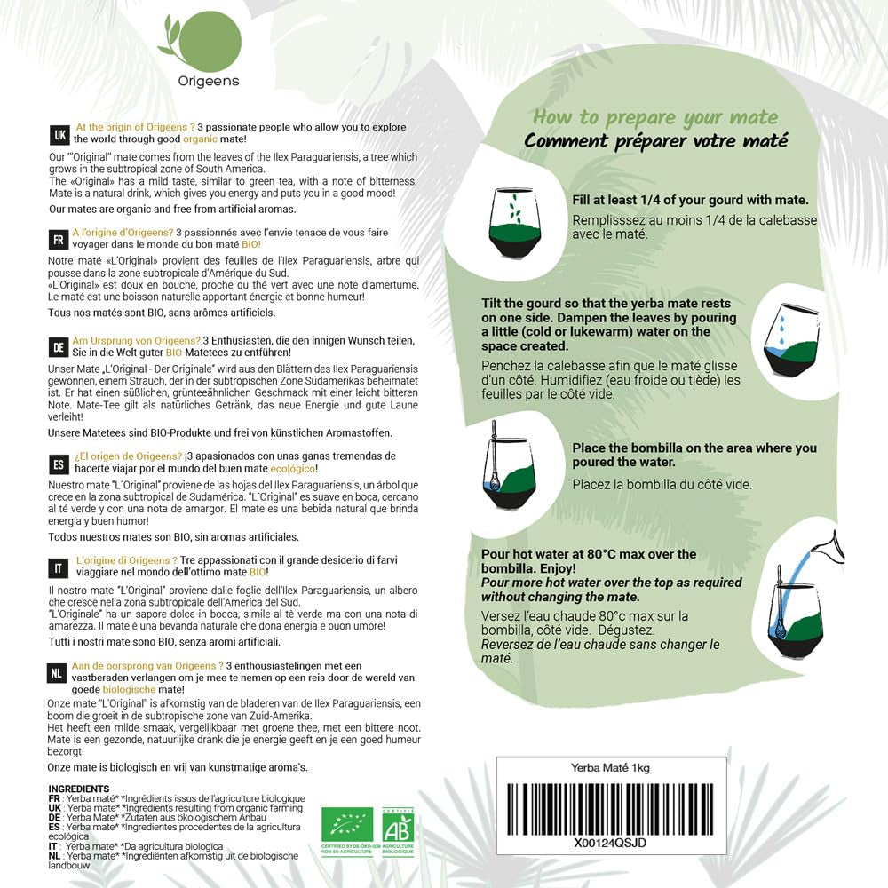 ORIGEENS BIO YERBA MATE TEA 1 KG - The Original I Nepražený, listy, bez stonků, prachu a drobků I Energizující a detoxikační nápoj