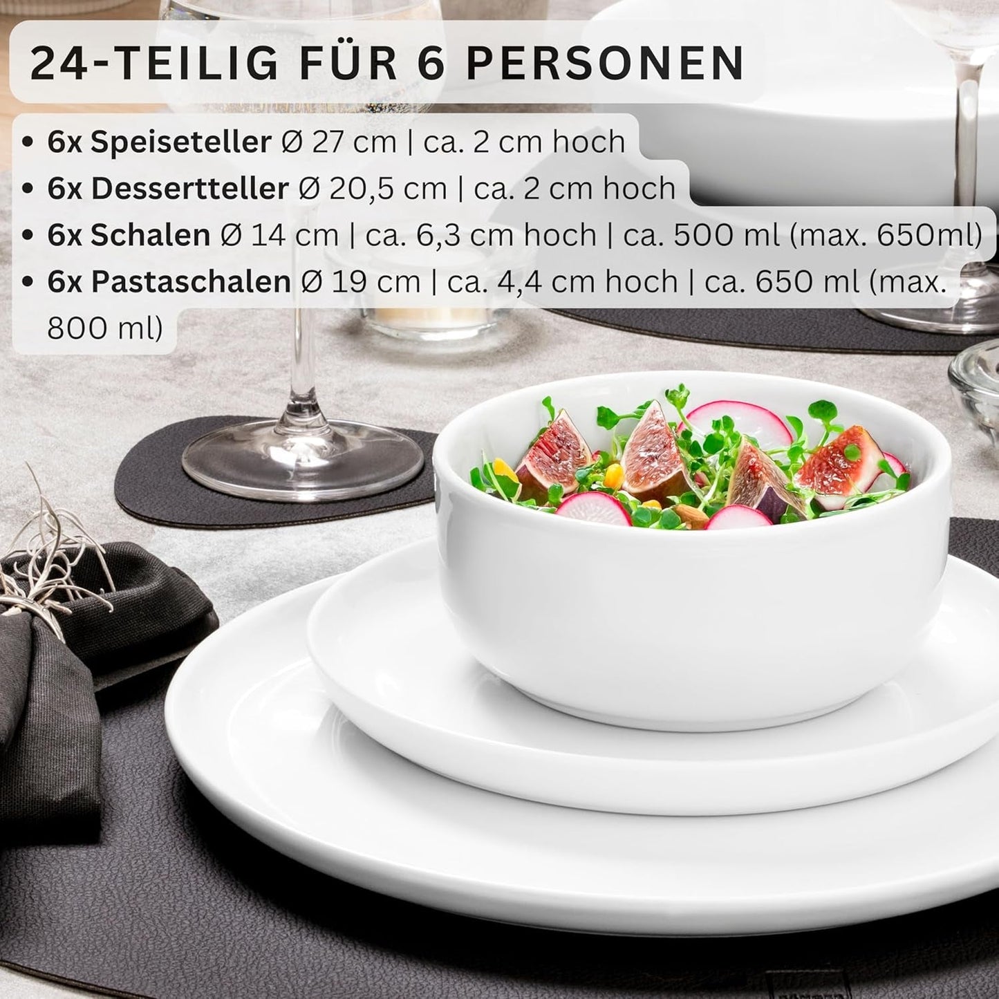 SANGER | Sada bílého nádobí Marlo 24dílná sada nádobí pro 6 s dezertními talíři, talíři, mísami a misky na cereálie Porcelánová sada talířů nádobí Moderní design PREMIUM KOLEKCE