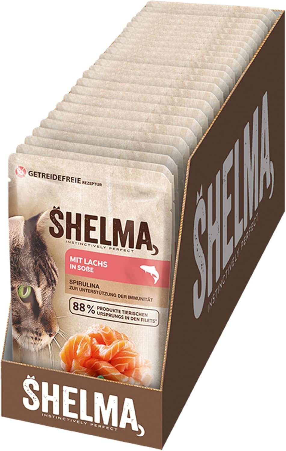 Shelma Katzen-Nassfutter mit Lachs in Sauce und Spirulina – Getreidefreies Alleinfuttermittel mit Hohem Fleischanteil – 28 x 85 g (2,4 kg)