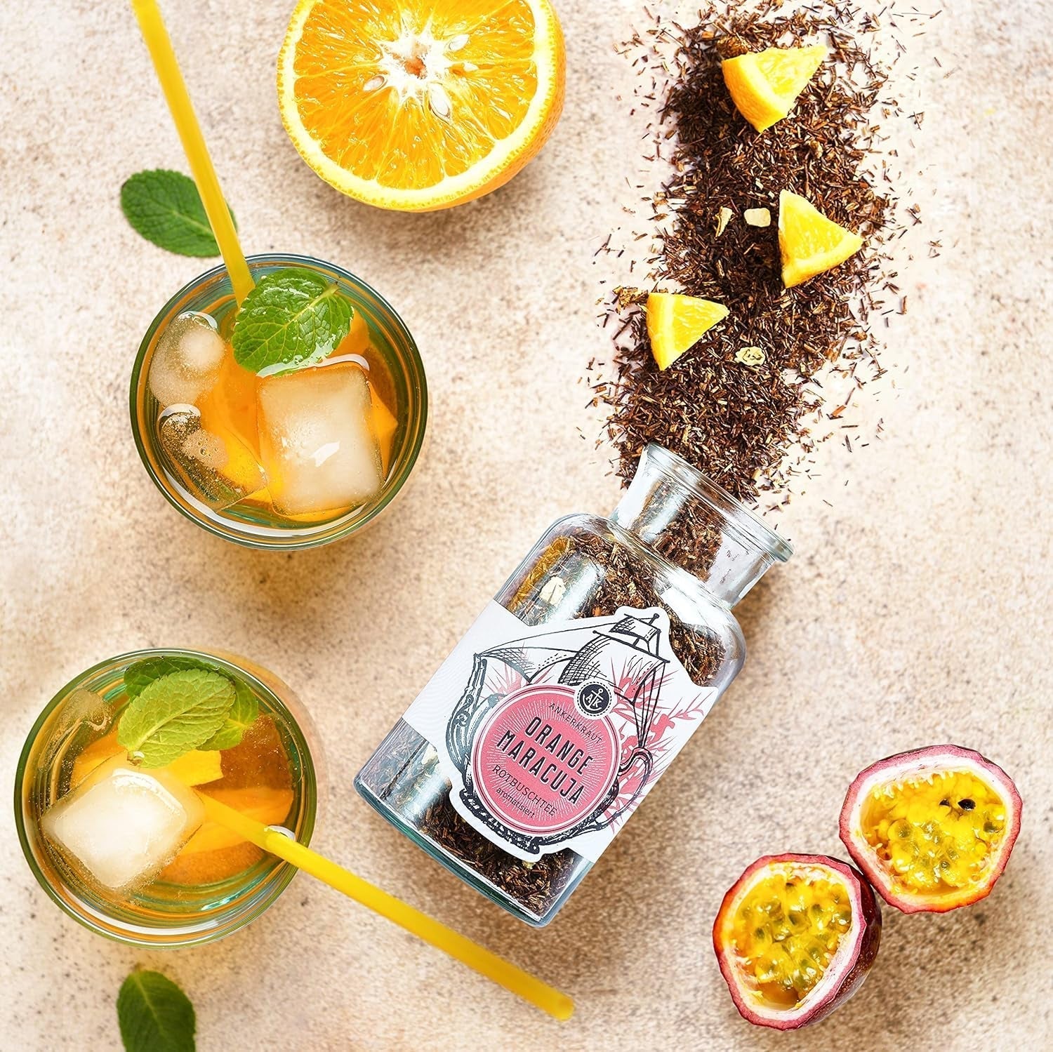 Ankerkraut Red Orange & Passion Fruit Tea 90 g v korkové nádobě Prémiový sypaný čaj Dárek Wellness Drink