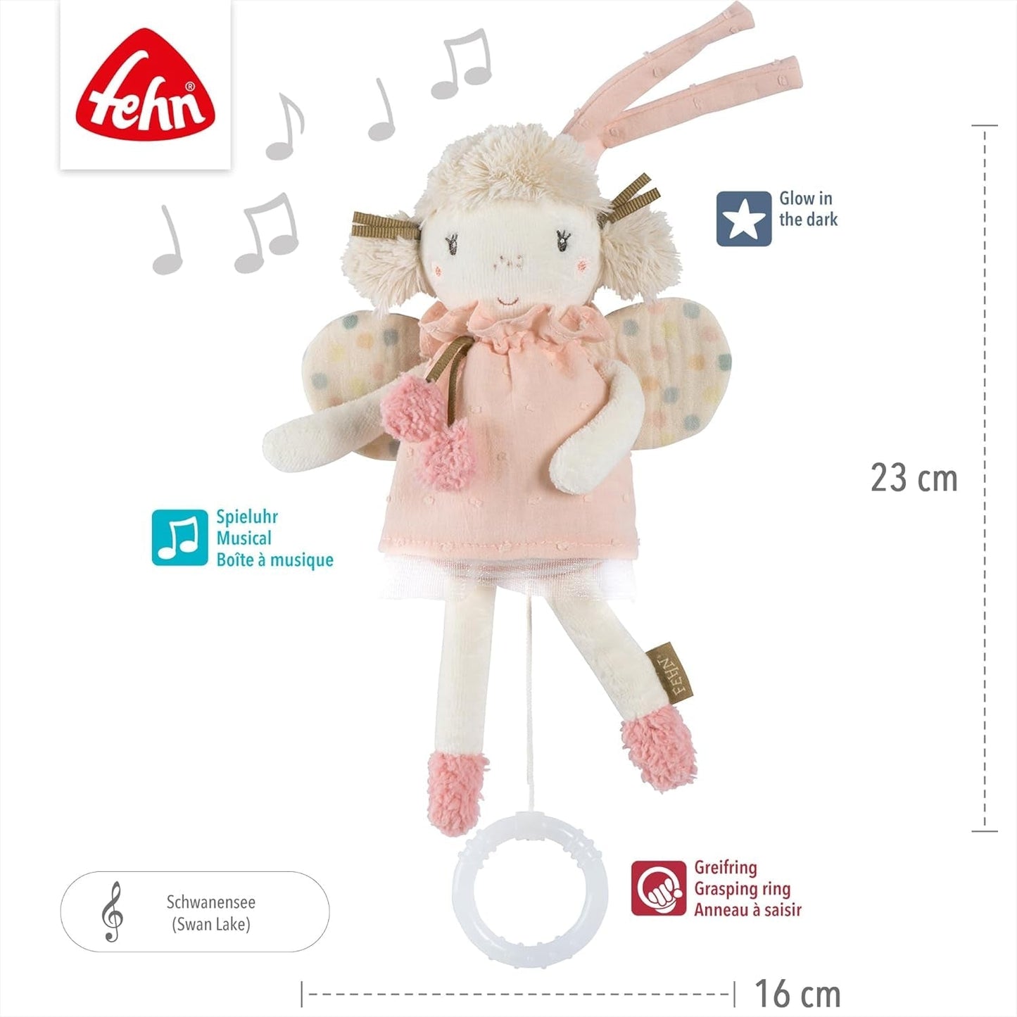 Mini hrací krabička Fehn - plyšová hračka a pomůcka pro spaní: natahovací hrací skříňka s jemnou melodií "Labutí jezero" uklidňuje v každé situaci - pro miminka a batolata od 0 a více měsíců Hračky Bebe Naty Shop