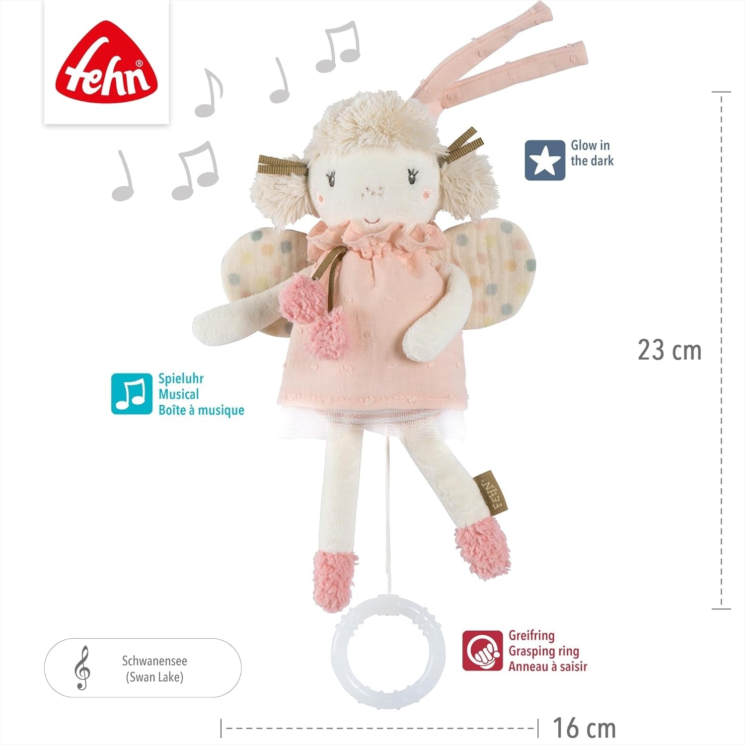 Mini hrací krabička Fehn - plyšová hračka a pomůcka pro spaní: natahovací hrací skříňka s jemnou melodií "Labutí jezero" uklidňuje v každé situaci - pro miminka a batolata od 0 a více měsíců Hračky Bebe Naty Shop