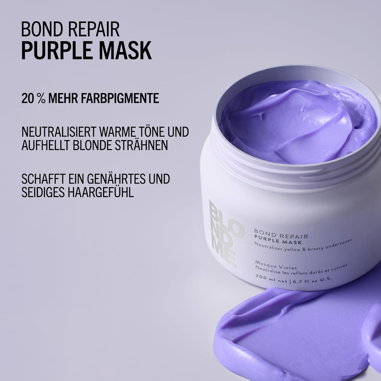 Schwarzkopf Professional BLONDME Bond Repair Purple Mask Maska pro chladné vlasy Neutralizuje žluté tóny pro barvené, odbarvené a světlé vlasy Hloubkové kondicionování a posílení 200 ml Maska na vlasy Naty Shop