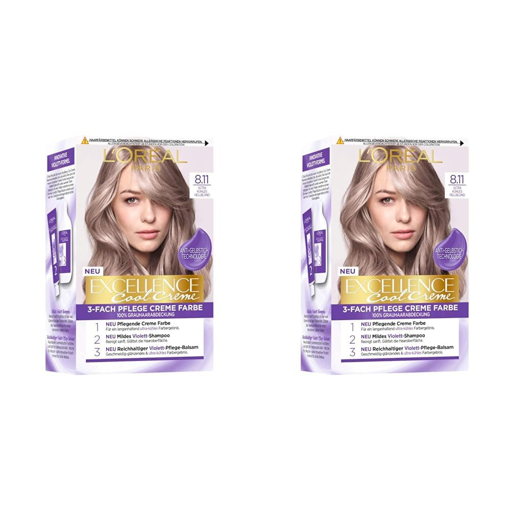 Permanentní barva na vlasy L'Oréal Paris Výsledek barvy, 100% krytí šedivých vlasů, sada s barvou, šamponem a pečujícím krémem, Excellence Cool Creme, č. 8.11 Ultra Cool Light Blonde (Blonde) (2 balení) Naty Shop Hair Dye Výchozí název