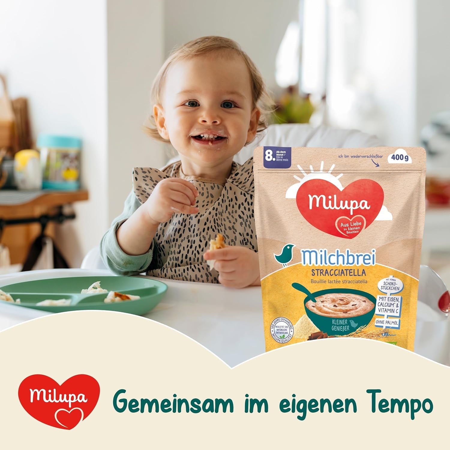 Milupa Stracciatella mléčná kaše - Dětská cereálie bez lepku a palmového oleje - Bez konzervantů a barviv - Od 8 měsíců - 4 x 400 g
