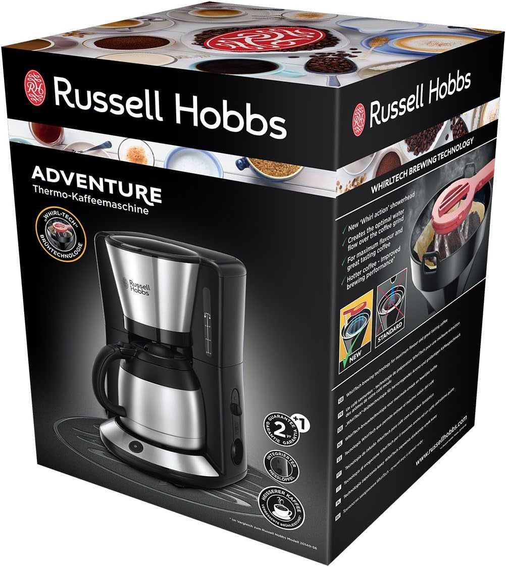 Kávovar Russell Hobbs [Sprchová hlavice pro optimální extrakci a aroma] Dobrodružný (1 až 8 šálků, 1,0 l termo karafa, automatické vypínání, systém proti odkapávání, 1100 W) Filtrační kávovar 24020-56