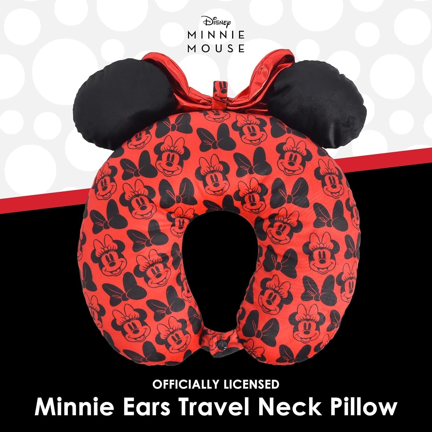Plný koncept One Disney Minnie Mouse cestovní polštář na krk s 3D ušima a pružinou do letadla, auta a kanceláře, pohodlné a prodyšné, červené / černé cestovní polštáře Naty Shop