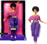 Panenka Barbie Signature Debbie Allen Tribute Collection v topu mimo rameno, zlatý pásek a fialové třásňové kalhoty a legíny, JBJ24