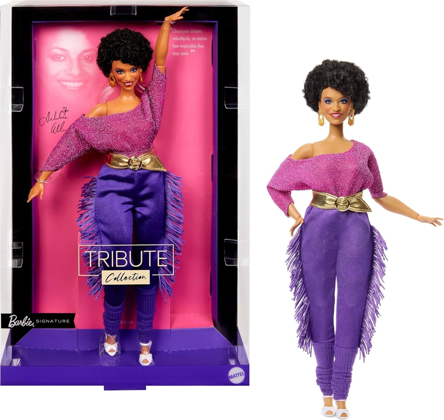 Panenka Barbie Signature Debbie Allen Tribute Collection v topu mimo rameno, zlatý pásek a fialové třásňové kalhoty a legíny, JBJ24