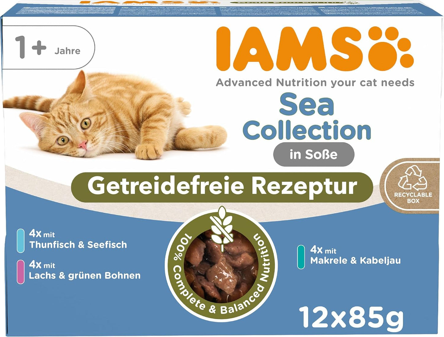 Mokré krmivo pro kočky IAMS Delights Sea Collection bez obilovin – více balení s různými rybami v omáčce, mokré krmivo bez obilovin pro kočky od 1 roku, 12 x 85 g
