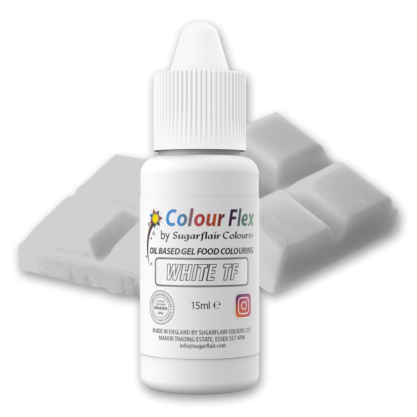 Sugarflair Colourflex bílá potravinářská barva na olejové bázi, vysoce koncentrovaná tekutá potravinářská barva, potravinářská barva pro máslový krém, čokoládu, těsto, fondant, polevu a další – 15 ml
