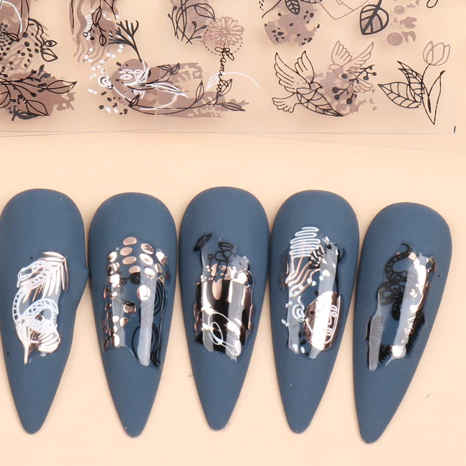 JMEOWIO Nálepka na nehty Rose Gold Schwarze Blume 12 Blatt Nálepka na nehty Selbtklebend Nagelaufkleber Frühlings Linie Abstraktes Blatt Dekoration Nageldesign Zubehör