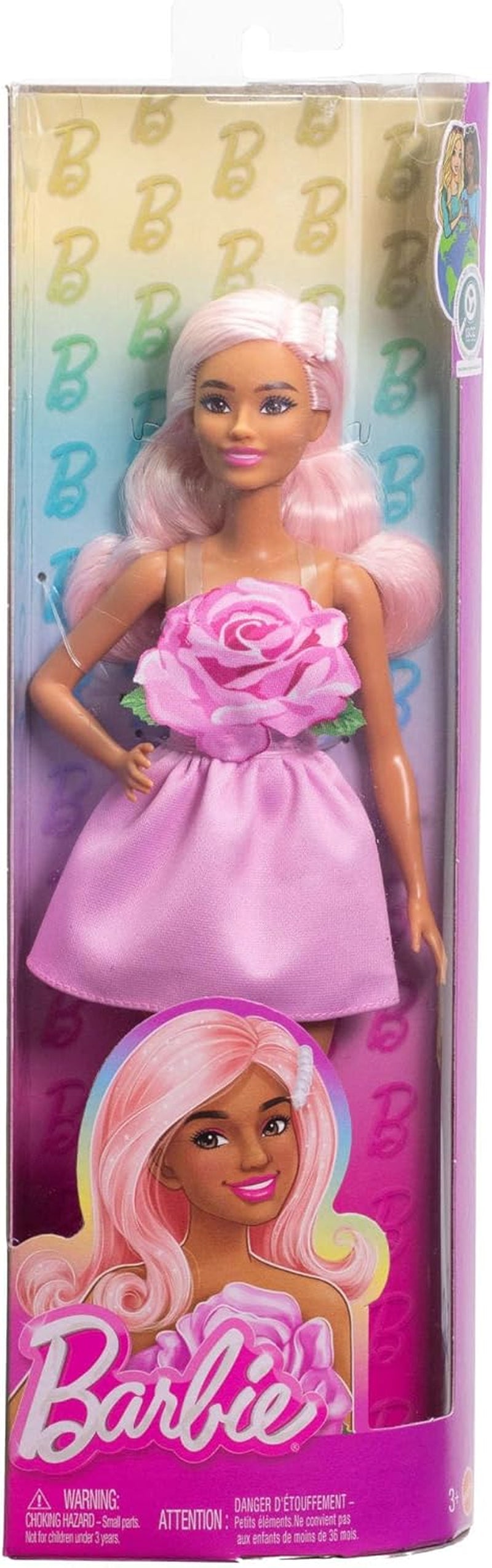 Panenka Barbie Fashionistas č. 238 s pastelově růžovými vlasy, šaty bez ramínek s růžovým živůtkem, perleťovou sponou do vlasů a vysokými podpatky a sponou, HYT94