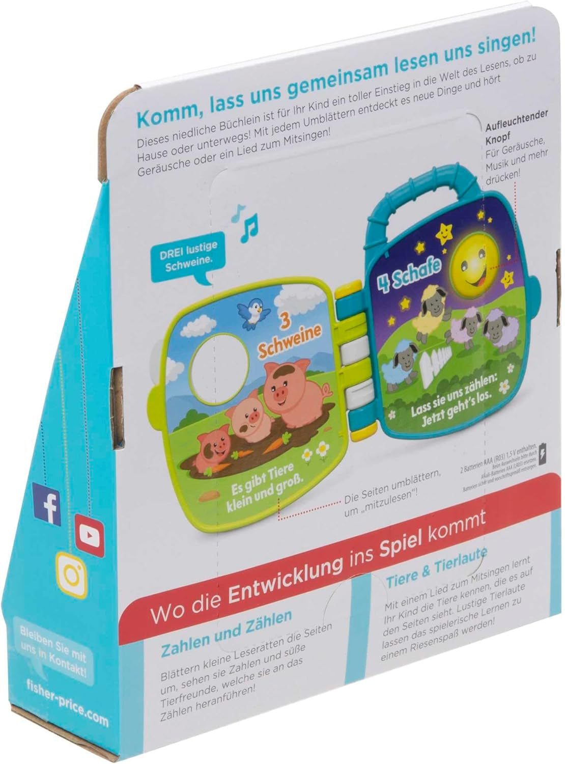 Fisher-Price Musical Animal Friends Songbook | Hračka pro miminko od 6 měsíců, 1 roku pro holčičky a kluky | Dětská hračka | Hudební kniha se zvuky a světelnými efekty | Vzdělávací hračka (německy), GFP29 Jucarii Bebe Naty Shop