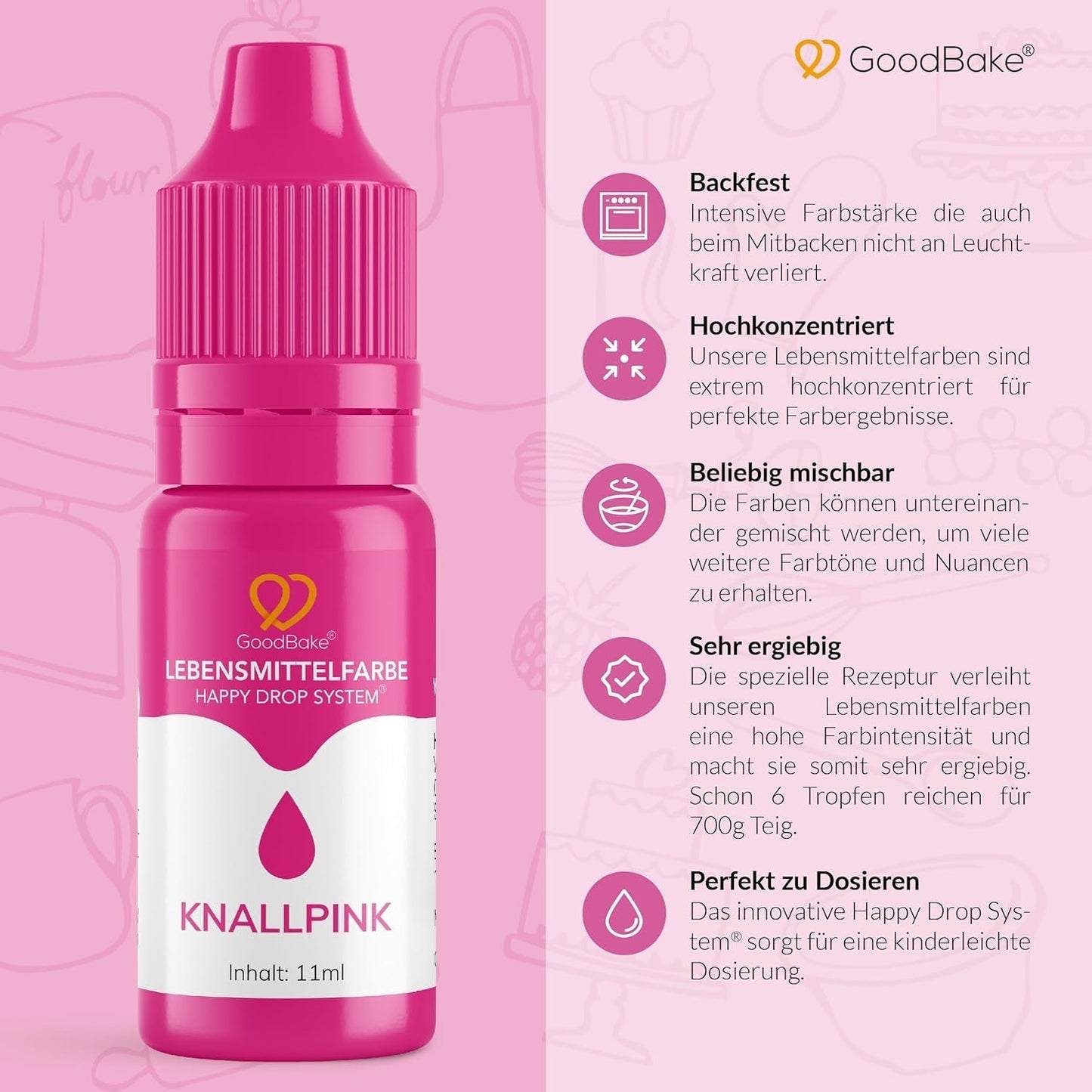 Goodbake Pink Food Coloring (11ml) - Intenzivní potravinářské barvivo - Velmi koncentrovaná barva - Pro barvení dortů, fondánu, máslového krému, nápojů, slizu a mnoha dalších předmětů. 100% vegan