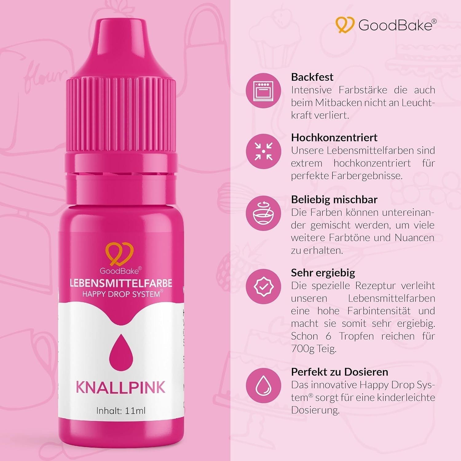 Goodbake Pink Food Coloring (11ml) - Intenzivní potravinářské barvivo - Velmi koncentrovaná barva - Pro barvení dortů, fondánu, máslového krému, nápojů, slizu a mnoha dalších předmětů. 100% vegan