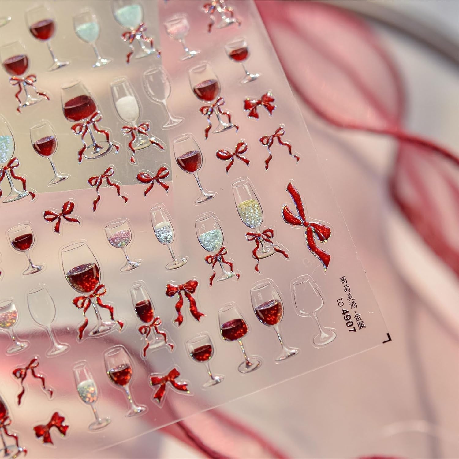 JMEOWIO 3D Nálepka na nehty Roter Kelch Mit Schleife Nálepka na nehty Selbstklebend Nagelaufkleber 5D Stereoskopická dekorace Nageldesign Zubehör 1 Blatt