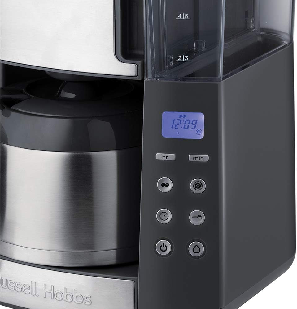 Kávovar Russell Hobbs s mlýnkem a termo karafou [Digitální časovač, sprchová hlavice pro optimální extrakci a aroma] Grind&Brew (1-10 šálků, 3 nastavení mletí) Filtrační kávovar 25620-56