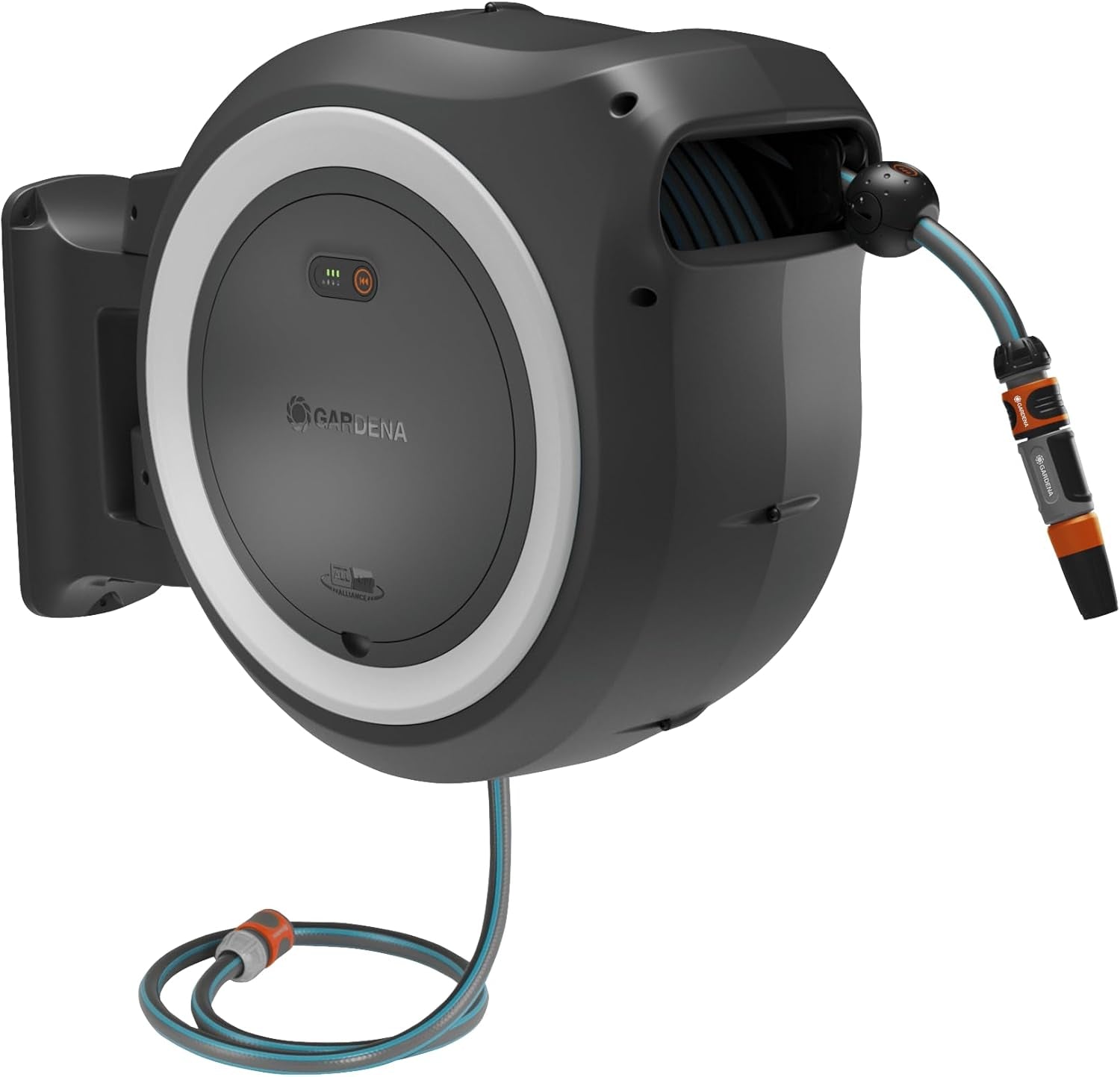 Bezdrátový nástěnný hadicový box Gardena PowerRoll XXL Solo: Automatický hadicový naviják se 40m zahradní hadicí, hadicovým vedením a RollControl, bateriový, odolný vůči UV záření a mrazu (18647-55)