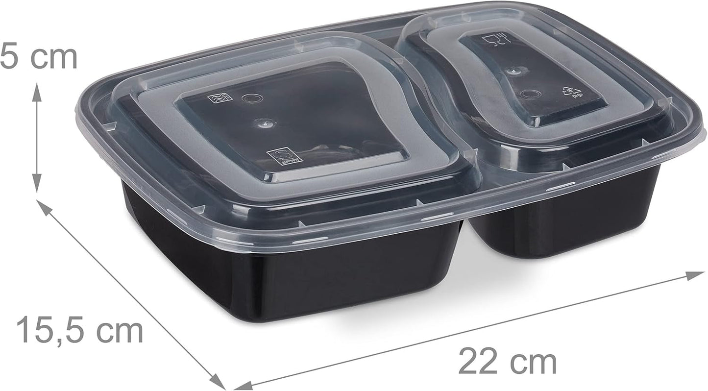 Dózy na přípravu jídla Relaxdays, sada 10, 2 přihrádek, odolné v mikrovlnné troubě, 800 ml, plastový dóza na jídlo s víkem, černé krabičky na potraviny Naty Shop