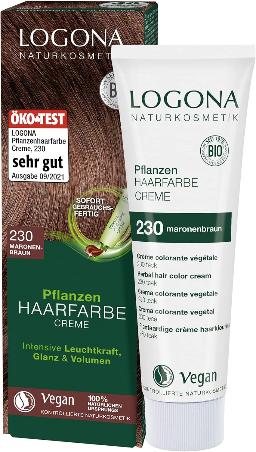 LOGONA Natural Cosmetics Plant Hair Color Cream 240 Nugát Brown, Přírodní barva na hnědé vlasy s hennou, barvicí krém na hnědé tóny, barva na tmavé vlasy, 150ml Barva na vlasy Naty Shop 230 kaštanově hnědá [tec]