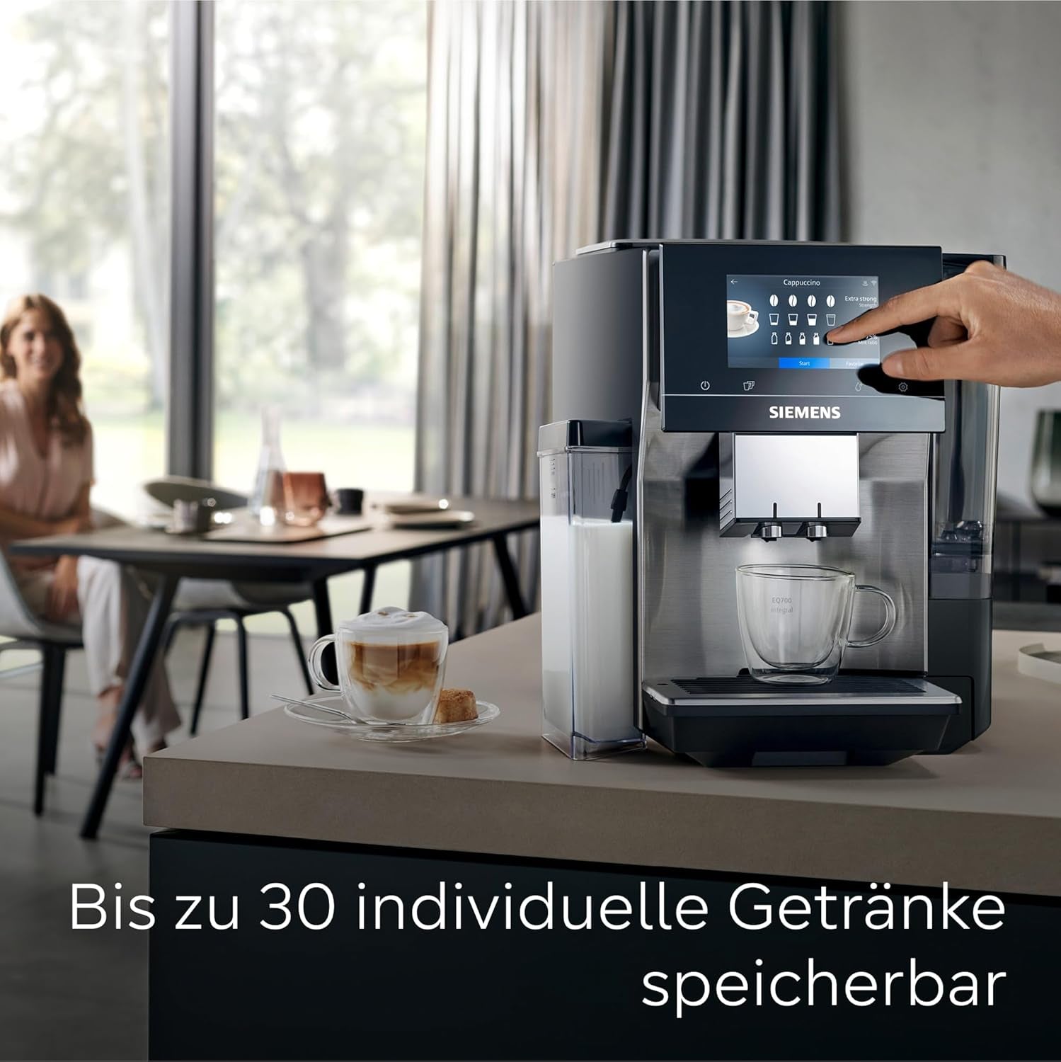 Siemens EQ700 plně automatický kávovar na espresso, velká barevná TFT obrazovka, 36 teplých a studených nápojů, studené vaření, funkce 2 šálků, ovládání aplikací, automatický čisticí systém, černá nerezová ocel, TQ717D03
