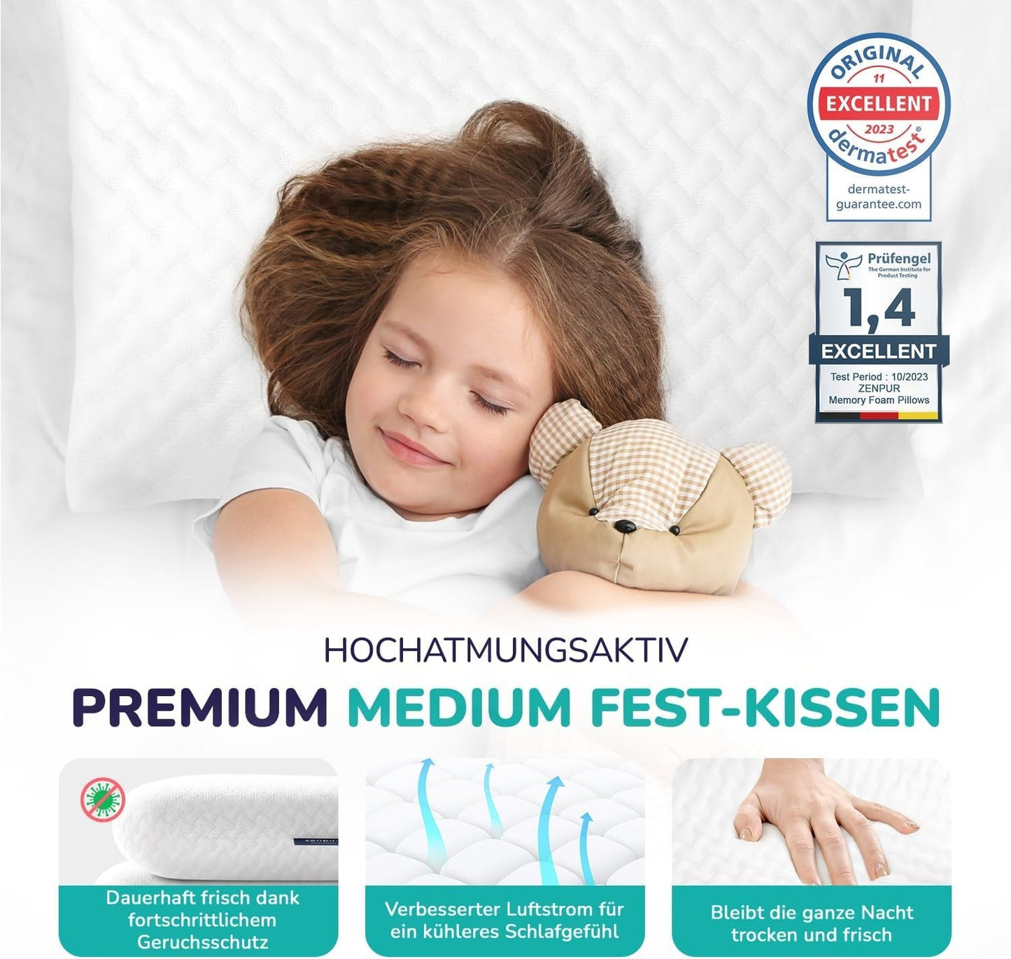 ZenPur ortopedický polštář na krk 40x60-13cm, polštář na hlavu z paměťové pěny - ergonomický polštář na spaní na krk a ramena, certifikace Oeko-TEX