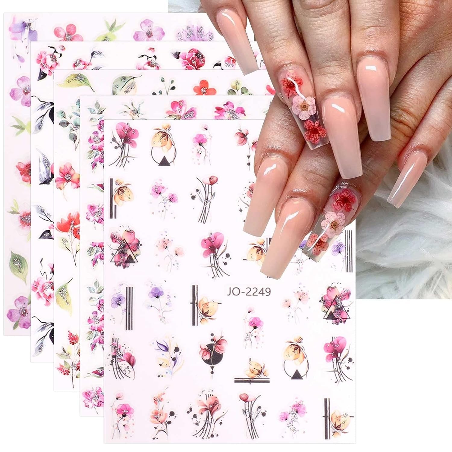JMEOWIO Nálepka na nehty Frühling Blume 12 Blatt Nálepka na nehty Selbtklebend Nagelaufkleber Blätter Dekoration Nageldesign Zubehör